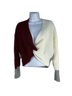 Mainstrip Womens Knit Colorblock Twist-Front Sweater Size L Red/Gray/Cream Cozy